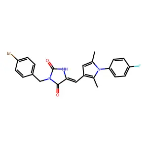 (5E)-3-[(4-bromophenyl)methyl]-5-[[1-(4-fluorophenyl)-2,5-dimethylpyrrol-3-yl]methylidene]imidazolidine-2,4-dione structure