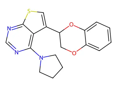 5-(2,3-Dihydro-1,4-benzodioxin-2-yl)-4-(1-pyrrolidinyl)thieno[2,3-d]pyrimidine structure
