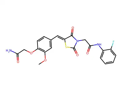 2-[(5Z)-5-[[4-(2-amino-2-oxoethoxy)-3-methoxyphenyl]methylidene]-2,4-dioxo-1,3-thiazolidin-3-yl]-N-(2-fluorophenyl)acetamide structure
