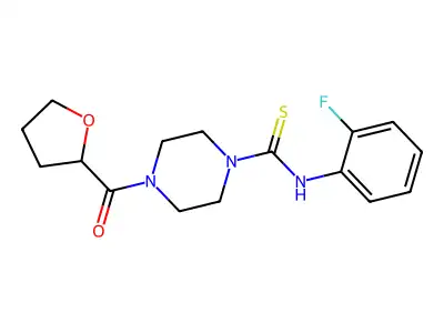 N-(2-fluorophenyl)-4-(oxolane-2-carbonyl)piperazine-1-carbothioamide structure