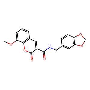 N-(1,3-benzodioxol-5-ylmethyl)-8-methoxy-2-oxochromene-3-carboxamide structure