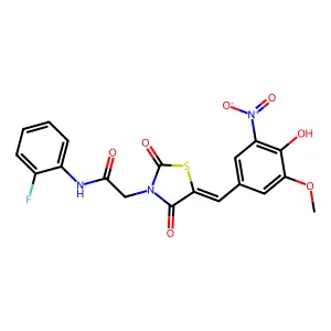 N-(2-fluorophenyl)-2-[(5Z)-5-(4-hydroxy-3-methoxy-5-nitrobenzylidene)-2,4-dioxo-1,3-thiazolidin-3-yl]acetamide structure