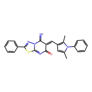 (6Z)-6-[(2,5-dimethyl-1-phenyl-1H-pyrrol-3-yl)methylidene]-5-imino-2-phenyl-5,6-dihydro-7H-[1,3,4]thiadiazolo[3,2-a]pyrimidin-7-one structure