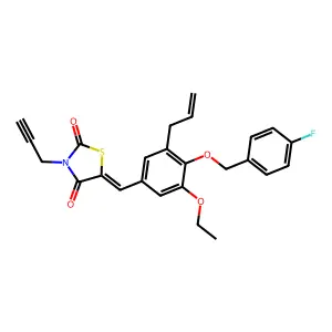 (5E)-5-[[3-ethoxy-4-[(4-fluorophenyl)methoxy]-5-prop-2-enylphenyl]methylidene]-3-prop-2-ynyl-1,3-thiazolidine-2,4-dione structure