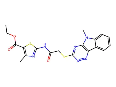 ethyl 4-methyl-2-({[(5-methyl-5H-[1,2,4]triazino[5,6-b]indol-3-yl)sulfanyl]acetyl}amino)-1,3-thiazole-5-carboxylate structure