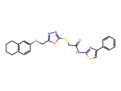 N-(4-phenyl-1,3-thiazol-2-yl)-2-({5-[(5,6,7,8-tetrahydronaphthalen-2-yloxy)methyl]-1,3,4-oxadiazol-2-yl}sulfanyl)acetamide structure