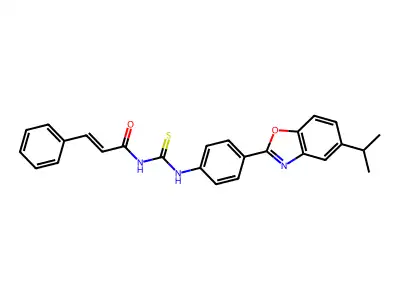 (E)-3-phenyl-N-[[4-(5-propan-2-yl-1,3-benzoxazol-2-yl)phenyl]carbamothioyl]prop-2-enamide structure