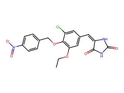 (5E)-5-[[3-chloro-5-ethoxy-4-[(4-nitrophenyl)methoxy]phenyl]methylidene]imidazolidine-2,4-dione structure