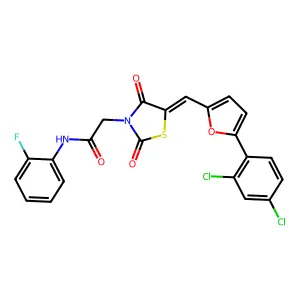 2-[(5E)-5-[[5-(2,4-dichlorophenyl)furan-2-yl]methylidene]-2,4-dioxo-1,3-thiazolidin-3-yl]-N-(2-fluorophenyl)acetamide structure