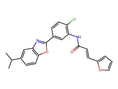 (E)-N-[2-chloro-5-(5-propan-2-yl-1,3-benzoxazol-2-yl)phenyl]-3-(furan-2-yl)prop-2-enamide structure