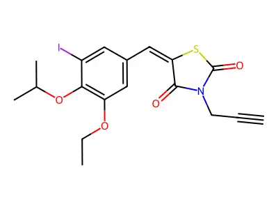 (5E)-5-[(3-ethoxy-5-iodo-4-propan-2-yloxyphenyl)methylidene]-3-prop-2-ynyl-1,3-thiazolidine-2,4-dione structure