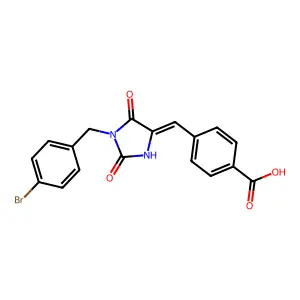 4-{(E)-[1-(4-bromobenzyl)-2,5-dioxoimidazolidin-4-ylidene]methyl}benzoic acid structure