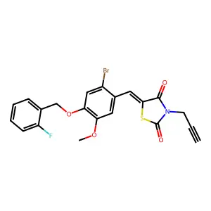 (5E)-5-[[2-bromo-4-[(2-fluorophenyl)methoxy]-5-methoxyphenyl]methylidene]-3-prop-2-ynyl-1,3-thiazolidine-2,4-dione structure