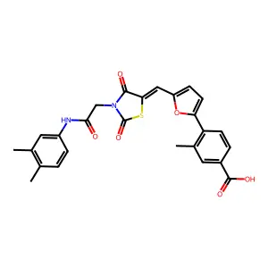 (E)-4-(5-((3-(2-((3,4-dimethylphenyl)amino)-2-oxoethyl)-2,4-dioxothiazolidin-5-ylidene)methyl)furan-2-yl)-3-methylbenzoic acid structure