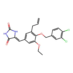 (5E)-5-[[4-[(3,4-dichlorophenyl)methoxy]-3-ethoxy-5-prop-2-enylphenyl]methylidene]imidazolidine-2,4-dione structure