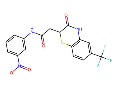 N-(3-nitrophenyl)-2-[3-oxo-6-(trifluoromethyl)-3,4-dihydro-2H-1,4-benzothiazin-2-yl]acetamide structure