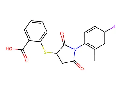 2-{[1-(4-Iodo-2-methylphenyl)-2,5-dioxopyrrolidin-3-yl]sulfanyl}benzoic acid structure