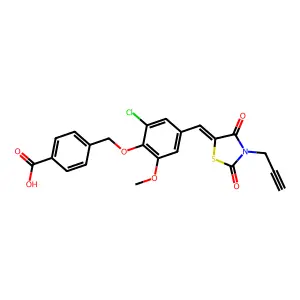 4-[(2-chloro-4-{(E)-[2,4-dioxo-3-(prop-2-yn-1-yl)-1,3-thiazolidin-5-ylidene]methyl}-6-methoxyphenoxy)methyl]benzoic acid structure
