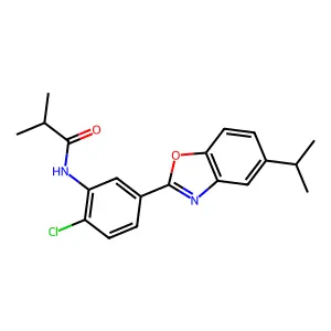 N-{2-chloro-5-[5-(propan-2-yl)-1,3-benzoxazol-2-yl]phenyl}-2-methylpropanamide structure