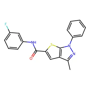 N-(3-fluorophenyl)-3-methyl-1-phenyl-1H-thieno[2,3-c]pyrazole-5-carboxamide structure
