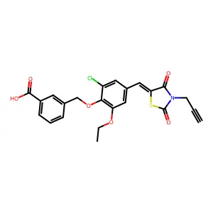 3-[(2-chloro-4-{(E)-[2,4-dioxo-3-(prop-2-yn-1-yl)-1,3-thiazolidin-5-ylidene]methyl}-6-ethoxyphenoxy)methyl]benzoic acid structure