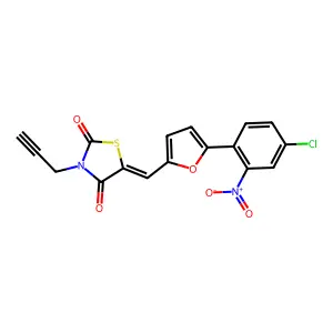 (5E)-5-[[5-(4-chloro-2-nitrophenyl)furan-2-yl]methylidene]-3-prop-2-ynyl-1,3-thiazolidine-2,4-dione structure