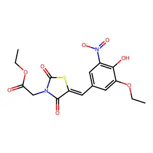 ethyl [(5E)-5-(3-ethoxy-4-hydroxy-5-nitrobenzylidene)-2,4-dioxo-1,3-thiazolidin-3-yl]acetate structure