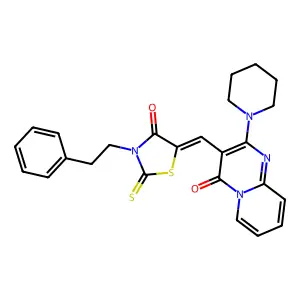 3-{(Z)-[4-oxo-3-(2-phenylethyl)-2-thioxo-1,3-thiazolidin-5-ylidene]methyl}-2-(piperidin-1-yl)-4H-pyrido[1,2-a]pyrimidin-4-one structure