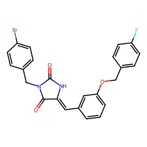 (5E)-3-[(4-bromophenyl)methyl]-5-[[3-[(4-fluorophenyl)methoxy]phenyl]methylidene]imidazolidine-2,4-dione structure