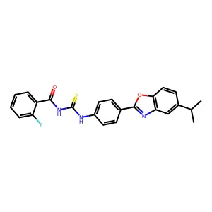 2-fluoro-N-[[4-(5-propan-2-yl-1,3-benzoxazol-2-yl)phenyl]carbamothioyl]benzamide structure