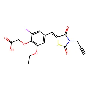 (4-{(E)-[2,4-dioxo-3-(prop-2-yn-1-yl)-1,3-thiazolidin-5-ylidene]methyl}-2-ethoxy-6-iodophenoxy)acetic acid structure