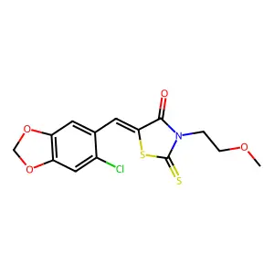 (5Z)-5-[(6-chloro-1,3-benzodioxol-5-yl)methylidene]-3-(2-methoxyethyl)-2-sulfanylidene-1,3-thiazolidin-4-one structure