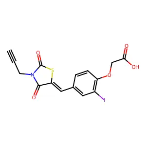 (4-{(E)-[2,4-dioxo-3-(prop-2-yn-1-yl)-1,3-thiazolidin-5-ylidene]methyl}-2-iodophenoxy)acetic acid structure