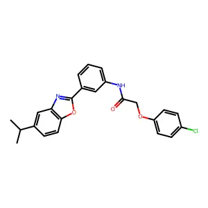 2-(4-chlorophenoxy)-N-[3-(5-propan-2-yl-1,3-benzoxazol-2-yl)phenyl]acetamide structure