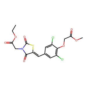 methyl (2,6-dichloro-4-{(E)-[3-(2-ethoxy-2-oxoethyl)-2,4-dioxo-1,3-thiazolidin-5-ylidene]methyl}phenoxy)acetate structure