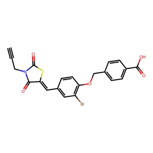 4-[(2-bromo-4-{(E)-[2,4-dioxo-3-(prop-2-yn-1-yl)-1,3-thiazolidin-5-ylidene]methyl}phenoxy)methyl]benzoic acid structure
