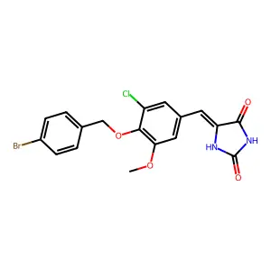 (5E)-5-{4-[(4-bromobenzyl)oxy]-3-chloro-5-methoxybenzylidene}imidazolidine-2,4-dione structure