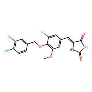 (5E)-5-{3-bromo-4-[(3,4-dichlorobenzyl)oxy]-5-methoxybenzylidene}imidazolidine-2,4-dione structure