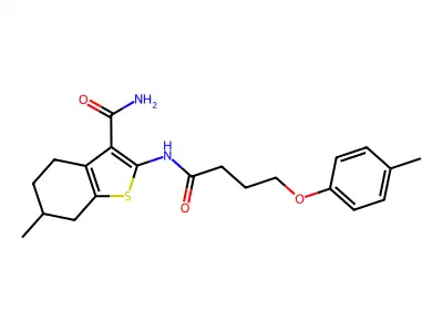 6-methyl-2-{[4-(4-methylphenoxy)butanoyl]amino}-4,5,6,7-tetrahydro-1-benzothiophene-3-carboxamide structure