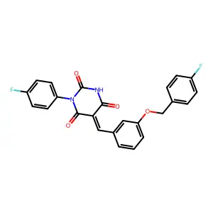 (5E)-1-(4-fluorophenyl)-5-[[3-[(4-fluorophenyl)methoxy]phenyl]methylidene]-1,3-diazinane-2,4,6-trione structure