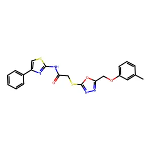 2-({5-[(3-methylphenoxy)methyl]-1,3,4-oxadiazol-2-yl}sulfanyl)-N-(4-phenyl-1,3-thiazol-2-yl)acetamide structure