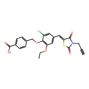 4-[(2-chloro-4-{(E)-[2,4-dioxo-3-(prop-2-yn-1-yl)-1,3-thiazolidin-5-ylidene]methyl}-6-ethoxyphenoxy)methyl]benzoic acid structure
