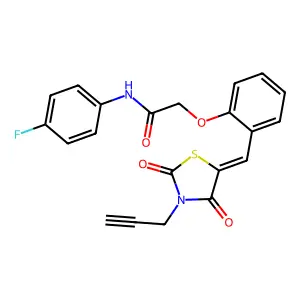 2-(2-{(E)-[2,4-dioxo-3-(prop-2-yn-1-yl)-1,3-thiazolidin-5-ylidene]methyl}phenoxy)-N-(4-fluorophenyl)acetamide structure