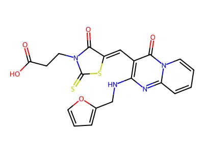 (Z)-3-(5-((2-((furan-2-ylmethyl)amino)-4-oxo-4H-pyrido[1,2-a]pyrimidin-3-yl)methylene)-4-oxo-2-thioxothiazolidin-3-yl)propanoic acid structure