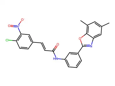 (2E)-3-(4-chloro-3-nitrophenyl)-N-[3-(5,7-dimethyl-1,3-benzoxazol-2-yl)phenyl]prop-2-enamide structure