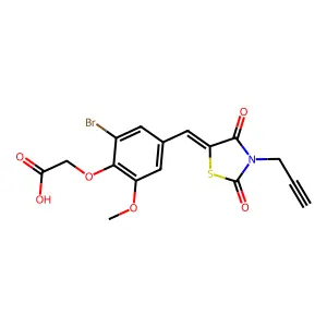 (2-bromo-4-{(E)-[2,4-dioxo-3-(prop-2-yn-1-yl)-1,3-thiazolidin-5-ylidene]methyl}-6-methoxyphenoxy)acetic acid structure