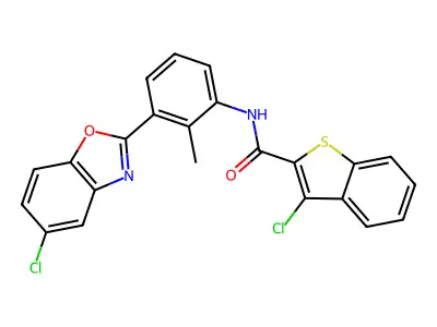 3-chloro-N-[3-(5-chloro-1,3-benzoxazol-2-yl)-2-methylphenyl]-1-benzothiophene-2-carboxamide structure