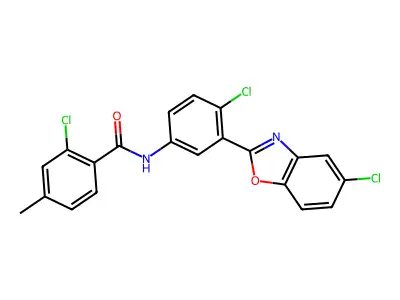 2-chloro-N-[4-chloro-3-(5-chloro-1,3-benzoxazol-2-yl)phenyl]-4-methylbenzamide structure