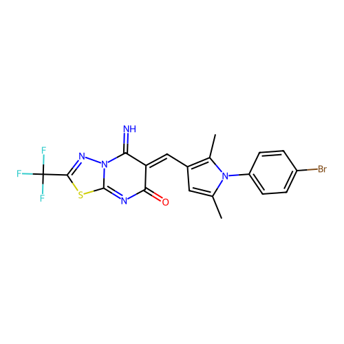 (6Z)-6-[[1-(4-bromophenyl)-2,5-dimethylpyrrol-3-yl]methylidene]-5-imino-2-(trifluoromethyl)-[1,3,4]thiadiazolo[3,2-a]pyrimidin-7-one structure