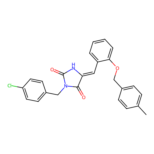 (5Z)-3-(4-chlorobenzyl)-5-{2-[(4-methylbenzyl)oxy]benzylidene}imidazolidine-2,4-dione structure